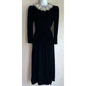 Vintage 80s 90s Brenda Hollon Black Velvet Dress 8 Lace Collar Victorian Gothic